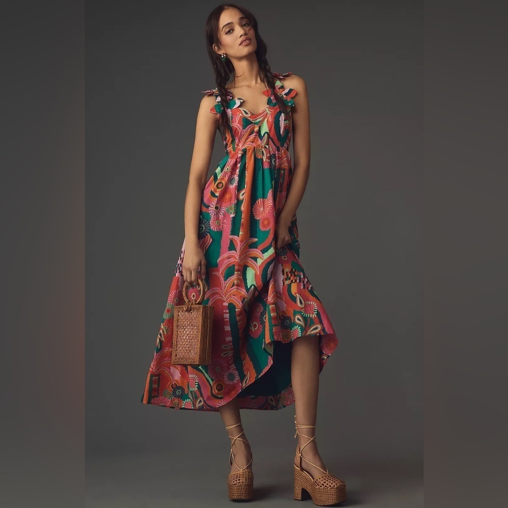 Farm Rio x Anthropologie Pleated Palm Midi Dress